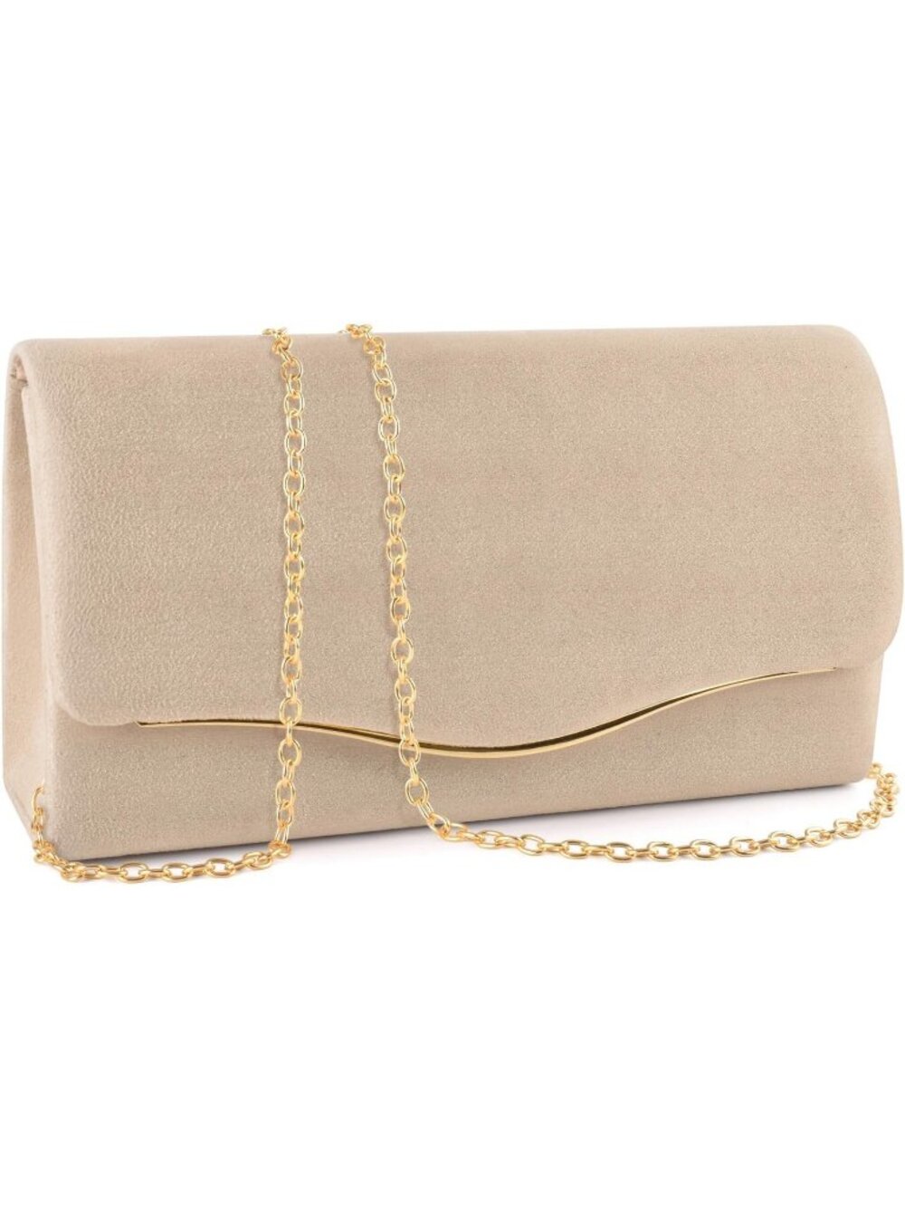 Womens Nude Velvet Pleated Flap Gold Accent Envelope Chain Evening Bag Clutch